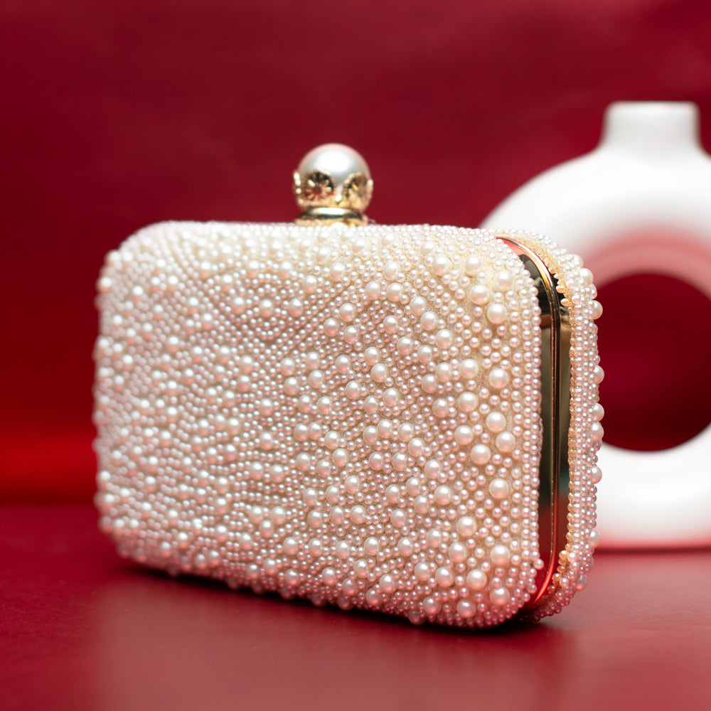 White Pearl Embellished Clutch Bag