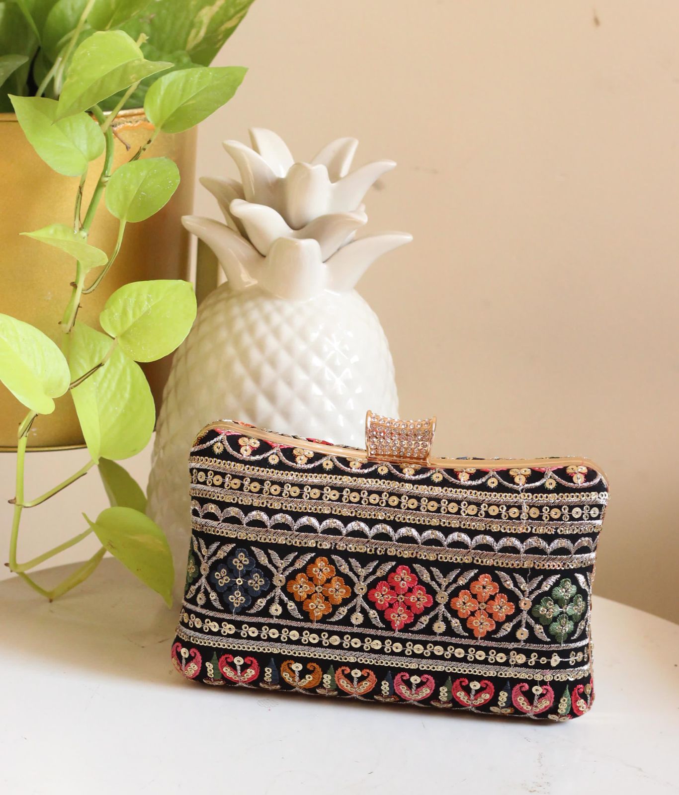 Multi Color Thread Work Embroidery Clutch