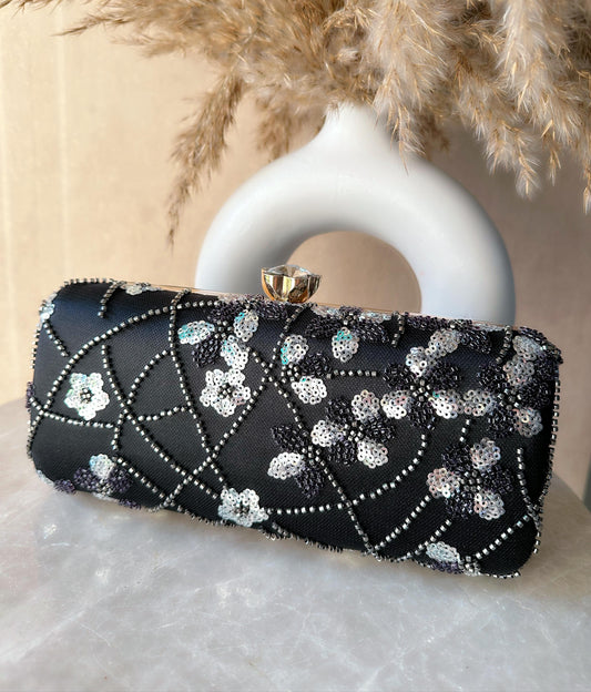 Handwork Rose Knob Clutch - Black