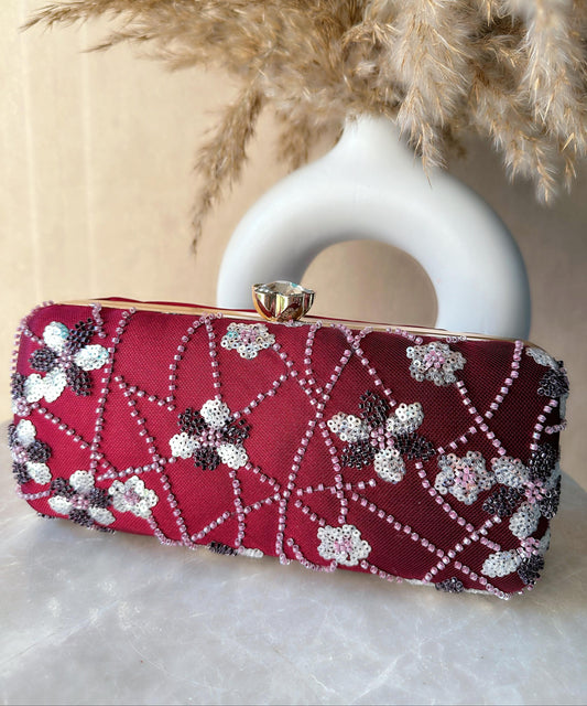 Handwork Rose Knob Clutch - Deep Red