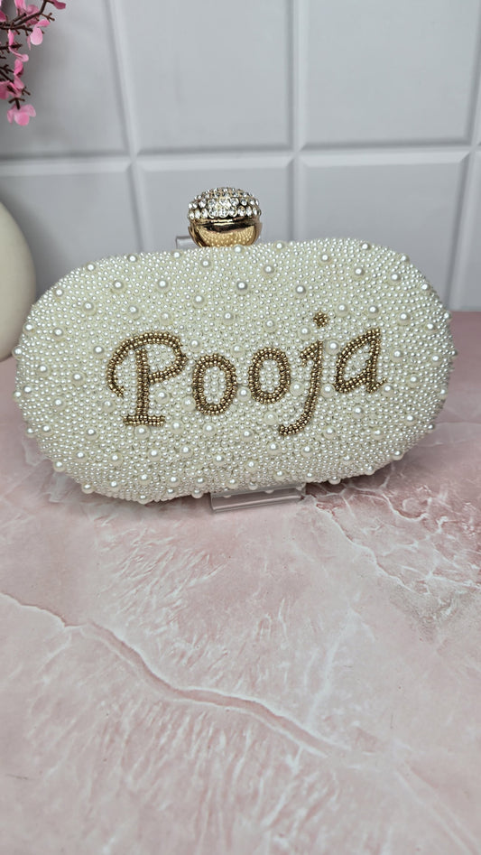 Pearl Embroided Name Clutch Bag