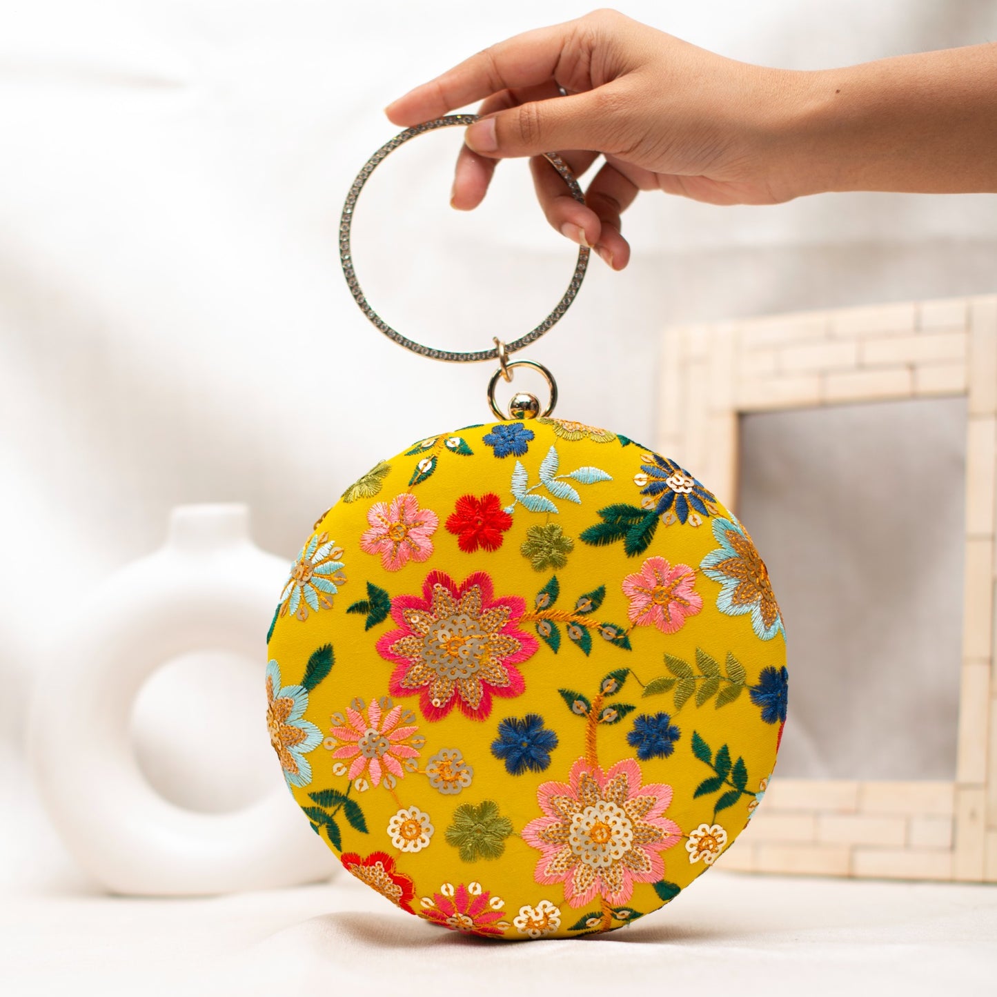 Floral Embroidery Round Bag