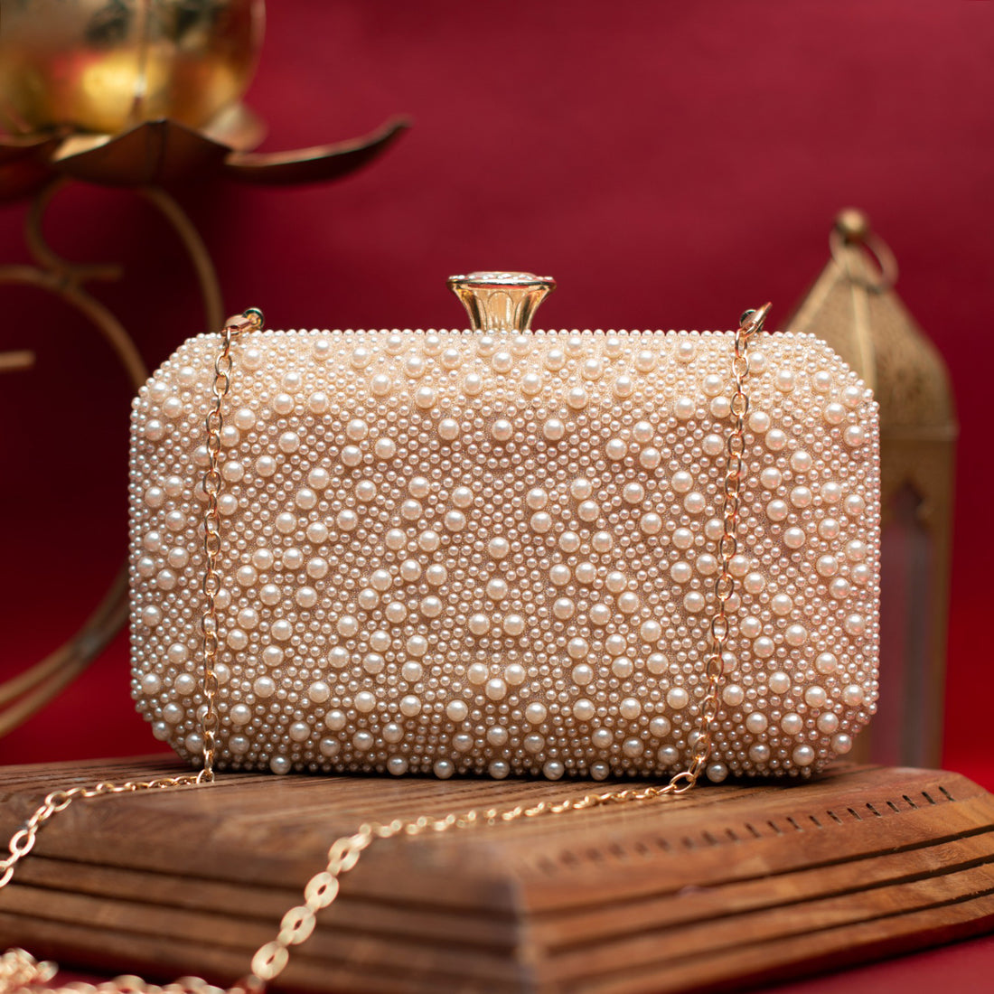 Peach stripe Pearl Embellished Clutch Bag