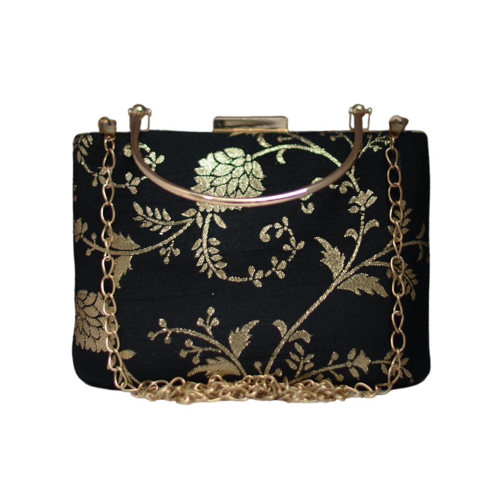 Black & Silver Ethnic Clutch with Handle & Chain
