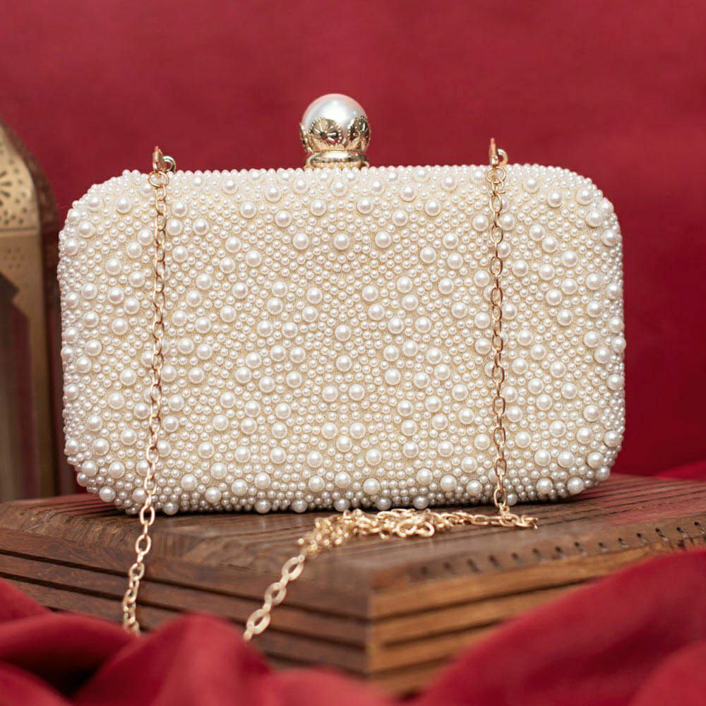 White Pearl Embellish Evening Clutch Bag